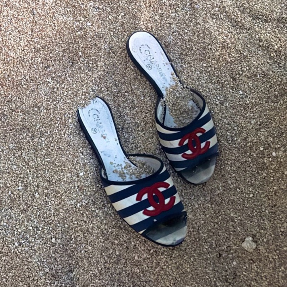 CHANEL Navy and Red Striped Slides